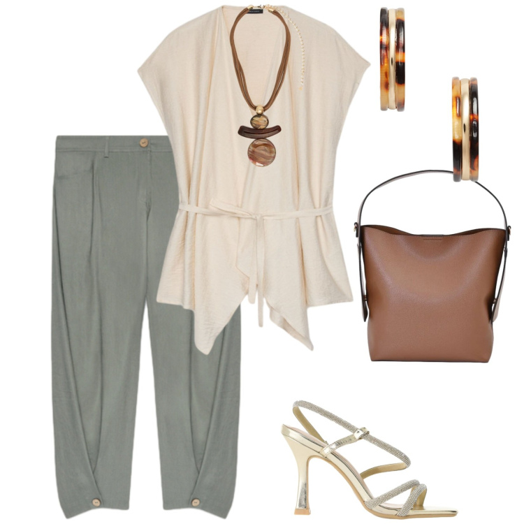 Outfit donna - Lino e leggerezza. per Ufficio. Abbinamento con borse a mano, sandali col tacco, pantaloni, caftani, ciondoli, orecchini.