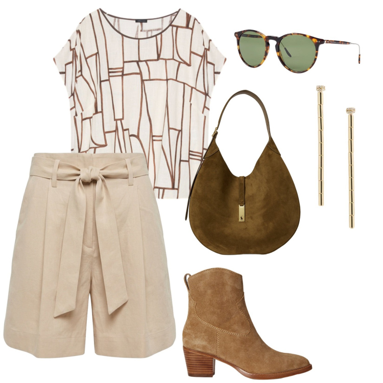 Outfit donna - Urban. per Tutti i giorni. Abbinamento con bermuda, t-shirt, occhiali da sole, stivaletti, borse a spalla, orecchini.