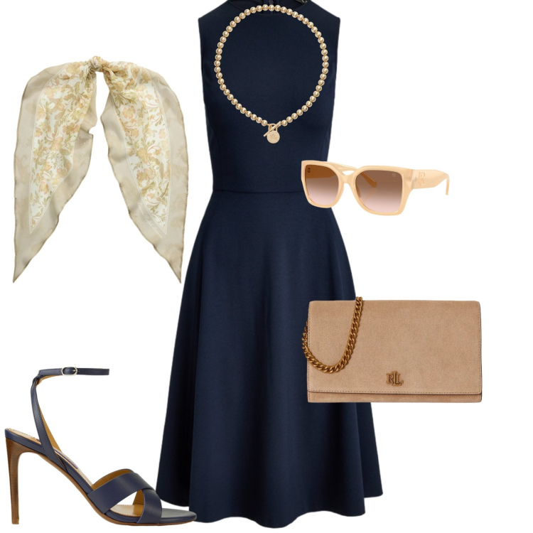 Outfit donna - Bon ton ogni giorno. Stile Bon Ton per Tutti i giorni. Abbinamento con vestiti senza maniche, collane, occhiali da sole, sandali col tacco, borse a tracolla, foulard.