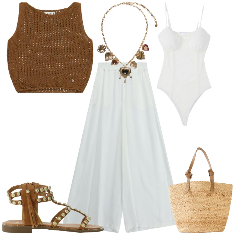 Outfit donna - Boho ogni giorno. Stile Boho per Tutti i giorni. Abbinamento con shopping bag, body, pantaloni, sandali, top, collane.