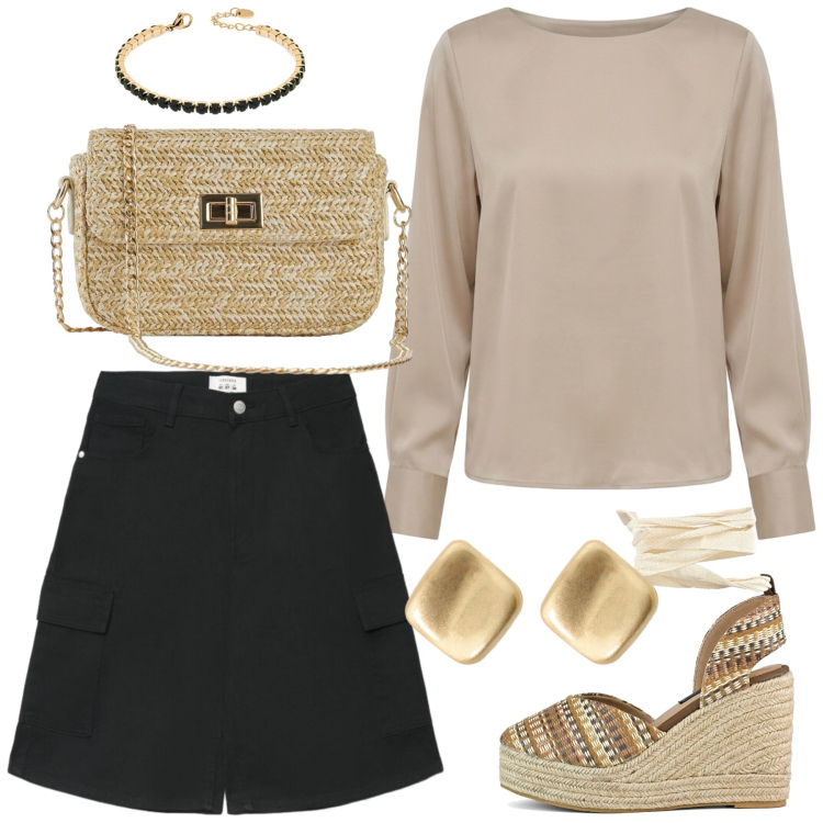 Outfit donna - Total look #2434709. Stile Casual chic per Serata fuori. Abbinamento con borse a tracolla, pantaloni corti, bluse, orecchini, braccialetti, zeppe.