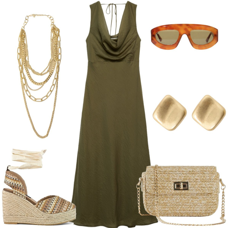 Outfit donna - Total look #2434710. Stile Casual chic per Tutti i giorni. Abbinamento con borse a tracolla, vestiti lunghi, collane, occhiali da sole, orecchini, zeppe.