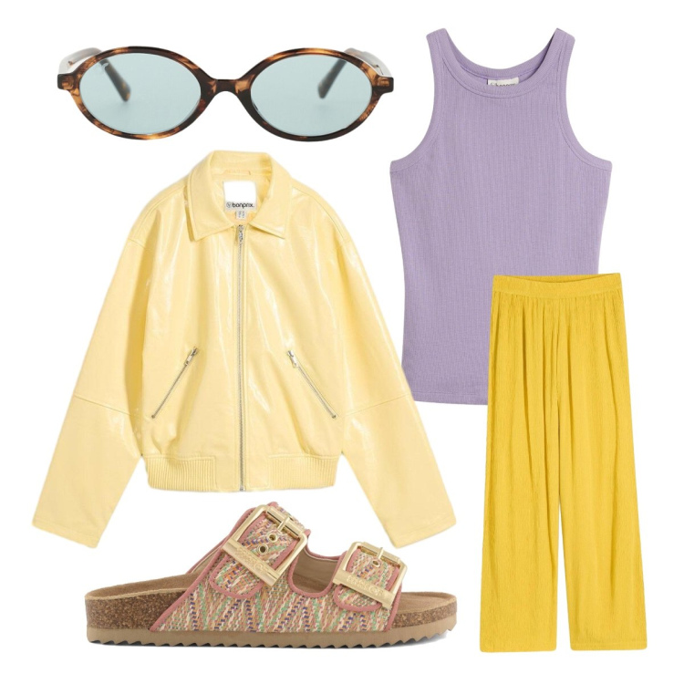 Outfit donna - Giallo come il sole. Stile Urban per Tutti i giorni. Abbinamento con cappotti, pantaloni, canottiere, occhiali da sole, sandali.