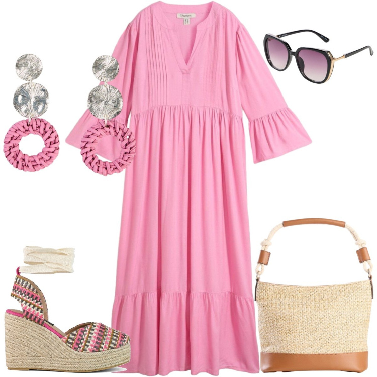 Outfit donna - Total look #2434715. Stile Boho per Tutti i giorni. Abbinamento con vestiti lunghi, occhiali da sole, orecchini, borse a mano, zeppe.