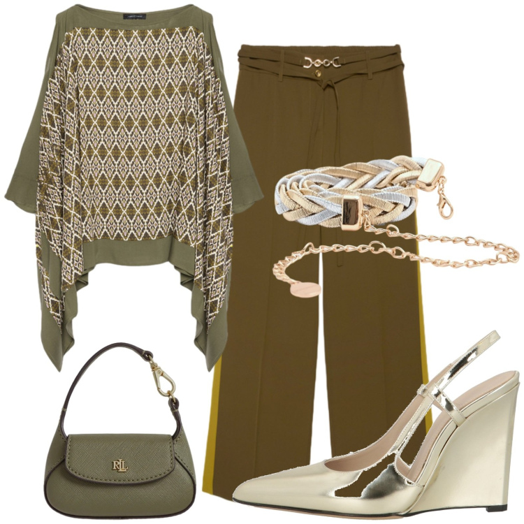 Outfit donna - Terra e oro - curvy. Stile Chic per Serata fuori. Abbinamento con décolleté, cinture, pantaloni, bluse, borse a mano.