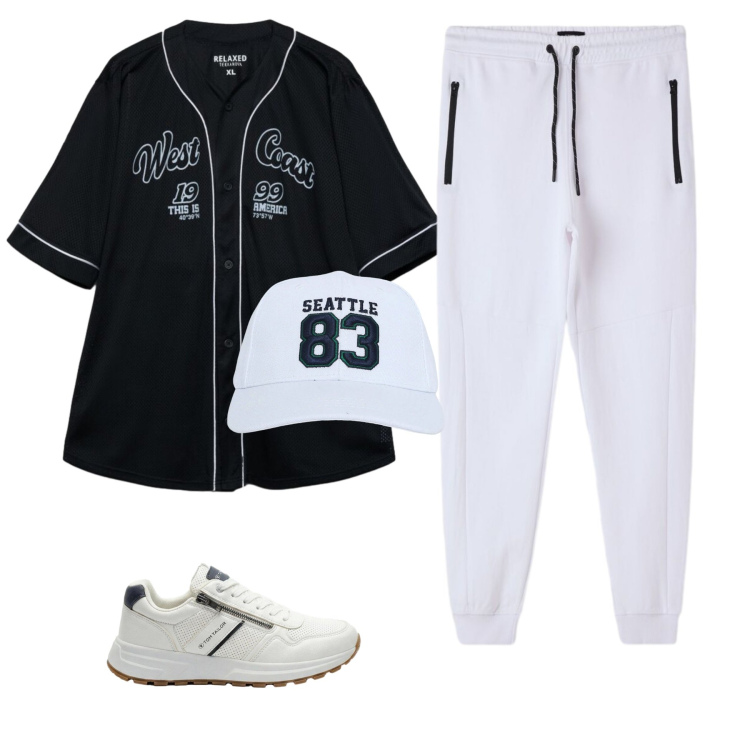 Outfit uomo - Urban Baseball Vibes. Stile Urban per Sport. Abbinamento con sneakers, cappelli, pantaloni, t-shirt.