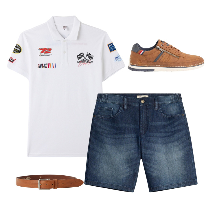 Outfit uomo - Weekend Racing Style. Stile Business/Elegante per Tutti i giorni. Abbinamento con sneakers, shorts, polo, cinture.