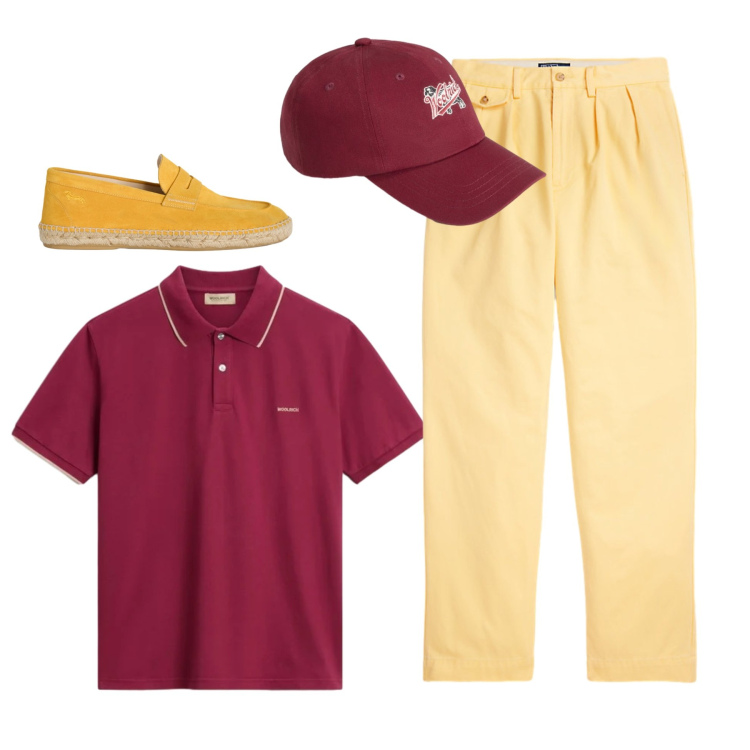 Outfit uomo - Sunset Polo Style. Stile Casual per Tutti i giorni. Abbinamento con espadrillas, cappelli con visiera, polo, pantaloni.