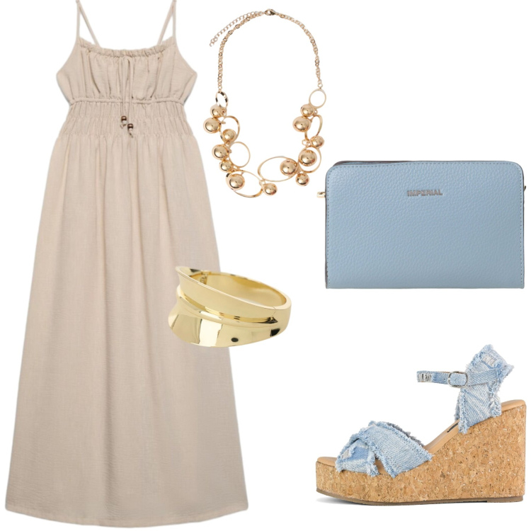 Outfit donna - Total look #2434729. Stile Glamour per Tutti i giorni. Abbinamento con vestiti lunghi, collane, borse a tracolla, braccialetti, zeppe.