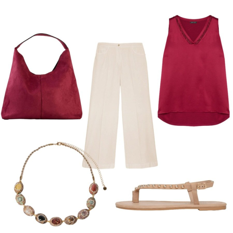 Outfit donna - Total look #2434730. Stile Casual chic per Tutti i giorni. Abbinamento con borse a spalla, ciabatte, top, pantaloni a palazzo, collane.