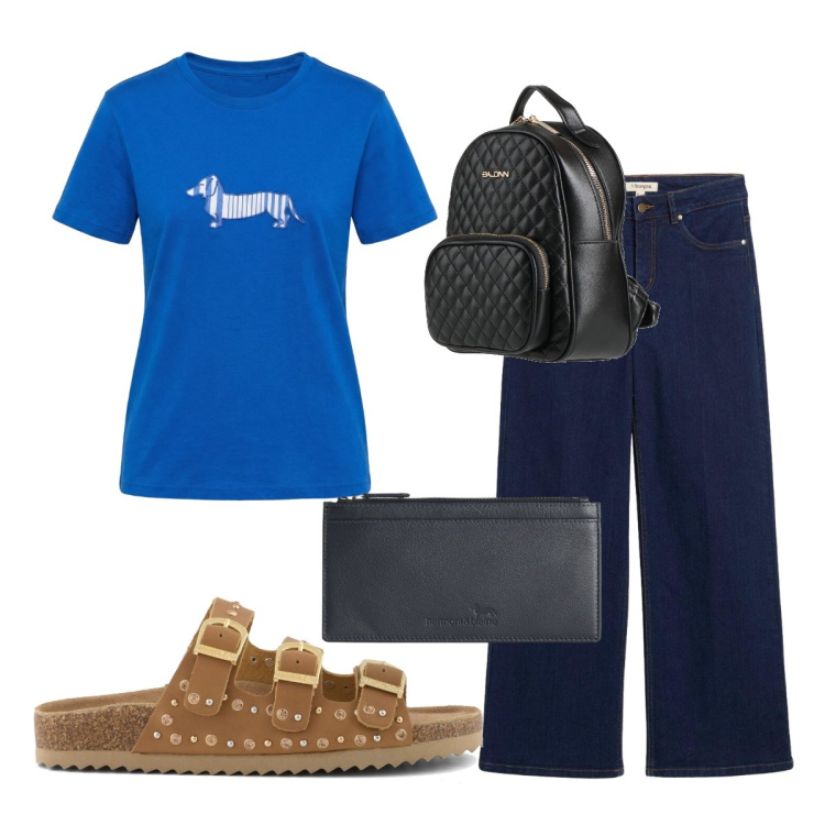 Outfit donna - Ufficio luglio. Stile Casual per Ufficio. Abbinamento con zaini, jeans dritti, portafogli, t-shirt, sandali.