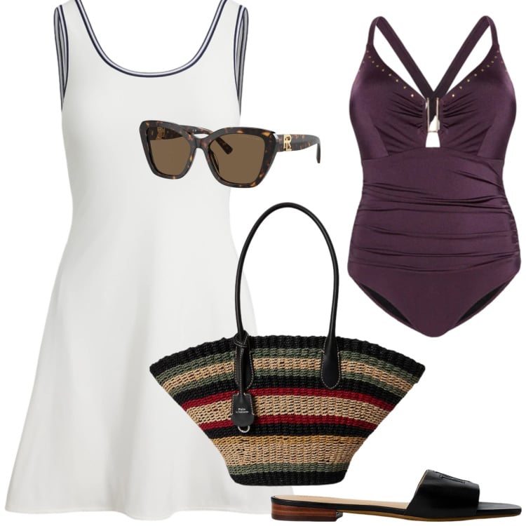 Outfit donna - Total look #2434736. Stile Romantica per Mare. Abbinamento con costumi interi, vestiti corti, occhiali da sole, borse tote, ciabatte.