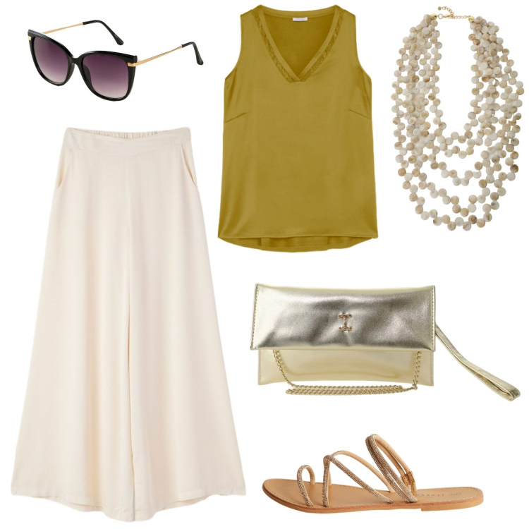 Outfit donna - Aperitivo al tramonto. Stile Glamour per Tutti i giorni. Abbinamento con occhiali da sole, pantaloni, sandali, top, borse a tracolla, collane.