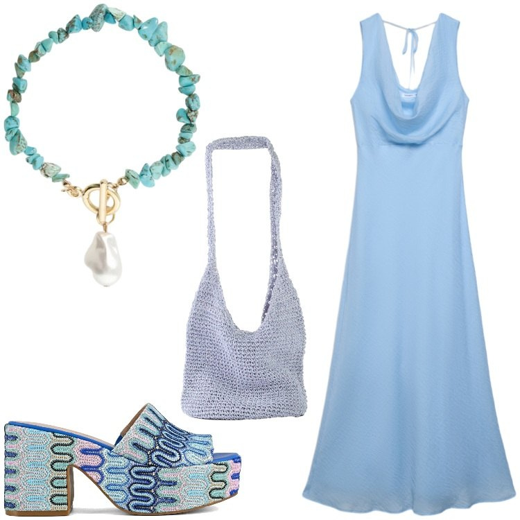 Outfit donna - Sere celesti. Stile Chic per Serata fuori. Abbinamento con shopping bag, vestiti lunghi, braccialetti, sabot.