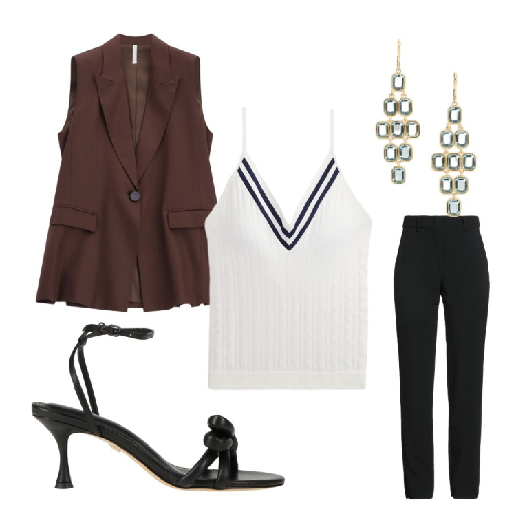 Outfit donna - Ufficio luglio. Stile Bon Ton per Ufficio. Abbinamento con pantaloni, sandali in pelle, gilet, orecchini, canottiere.
