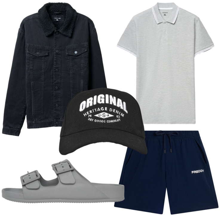 Outfit uomo - Stile sportivo. Stile Casual per Tutti i giorni. Abbinamento con giacche, cappelli con visiera, polo, sandali, pantaloni corti.