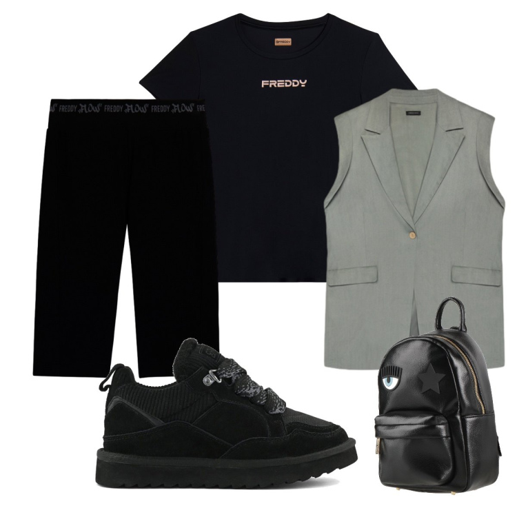 Outfit donna - Luglio. Stile Sporty chic per Tutti i giorni. Abbinamento con zaini, gilet, bermuda, t-shirt, sneakers alte.