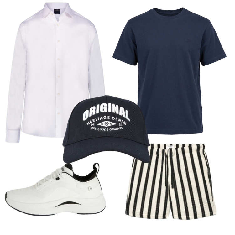 Outfit uomo - Estetica curata. Stile Trendy per Tutti i giorni. Abbinamento con t-shirt, cappelli con visiera, pantaloni corti, sneakers, camicie.
