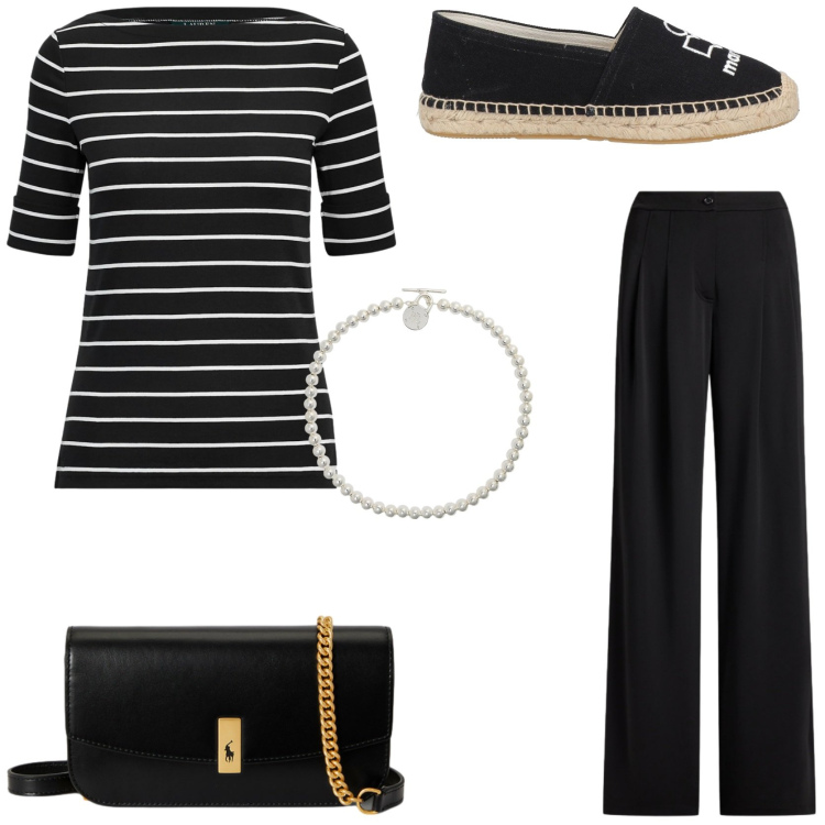 Outfit donna - Chanel inspiration. Stile Chic per Tutti i giorni. Abbinamento con espadrillas, collane, clutch, pantaloni, t-shirt.