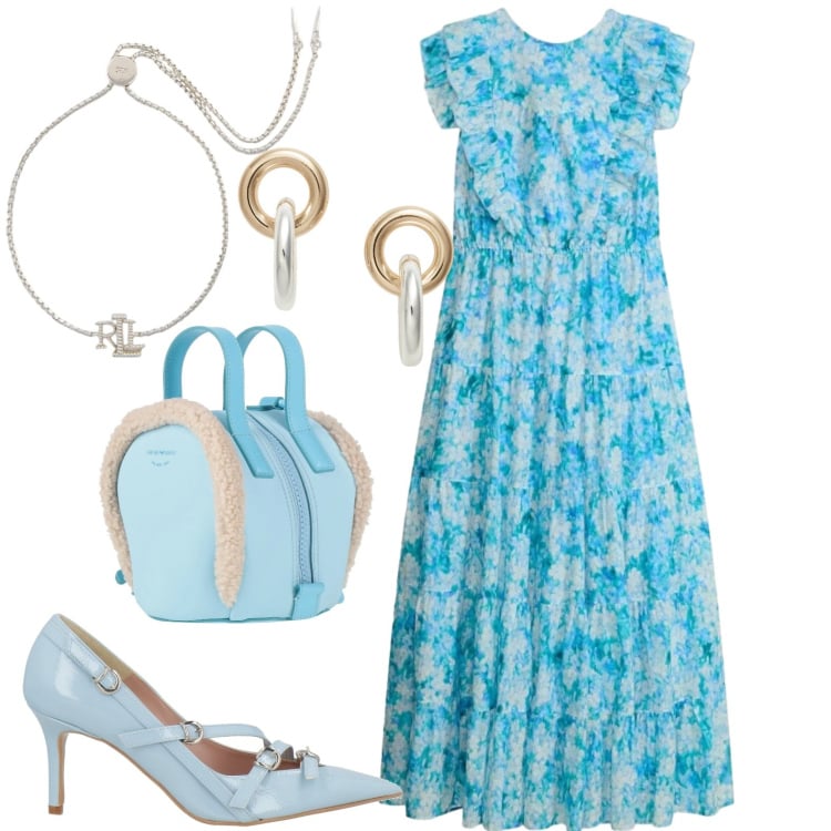 Outfit donna - Azzurro. Stile Casual chic per Tutti i giorni. Abbinamento con zaini, décolleté, vestiti lunghi, orecchini, braccialetti.