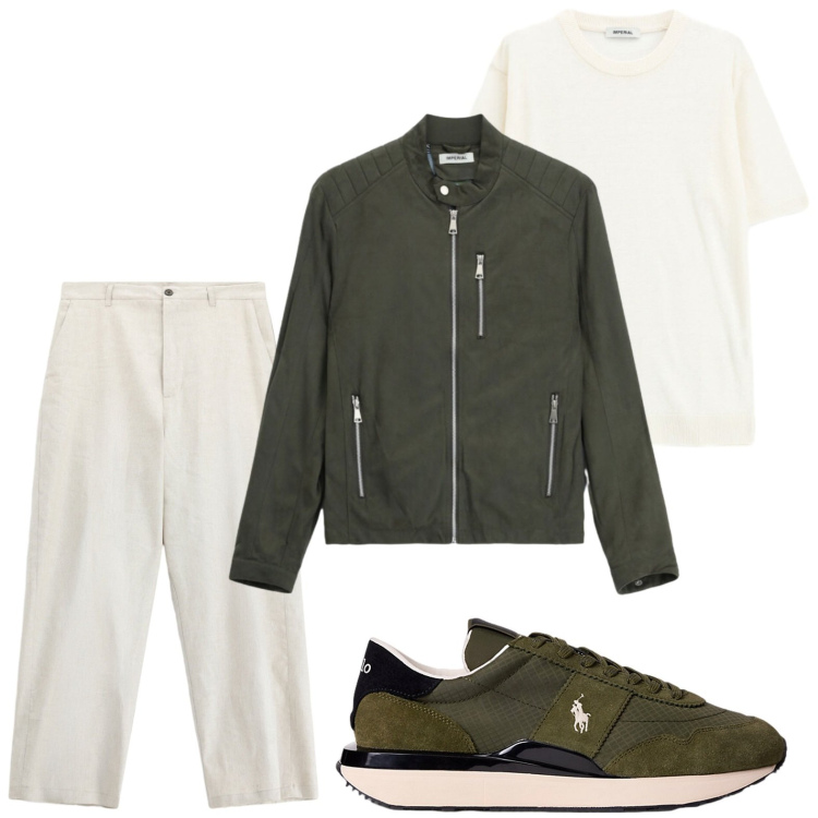 Outfit uomo - Incontro di freschezza. Stile Trendy per Ufficio. Abbinamento con sneakers, t-shirt, pantaloni, giacche.