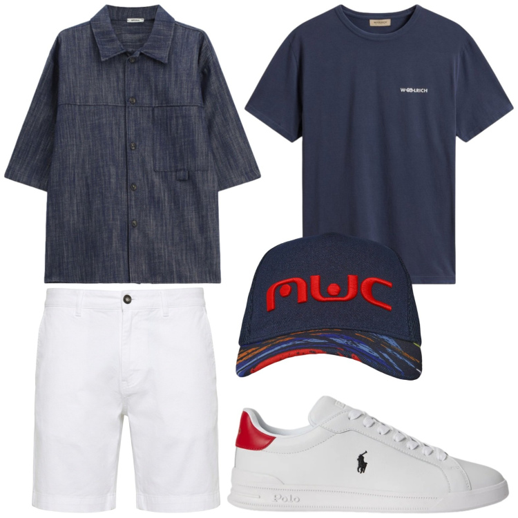 Outfit uomo - High fashion. Stile Casual per Tutti i giorni. Abbinamento con bermuda, cappelli con visiera, sneakers, t-shirt, camicie a manica corta.
