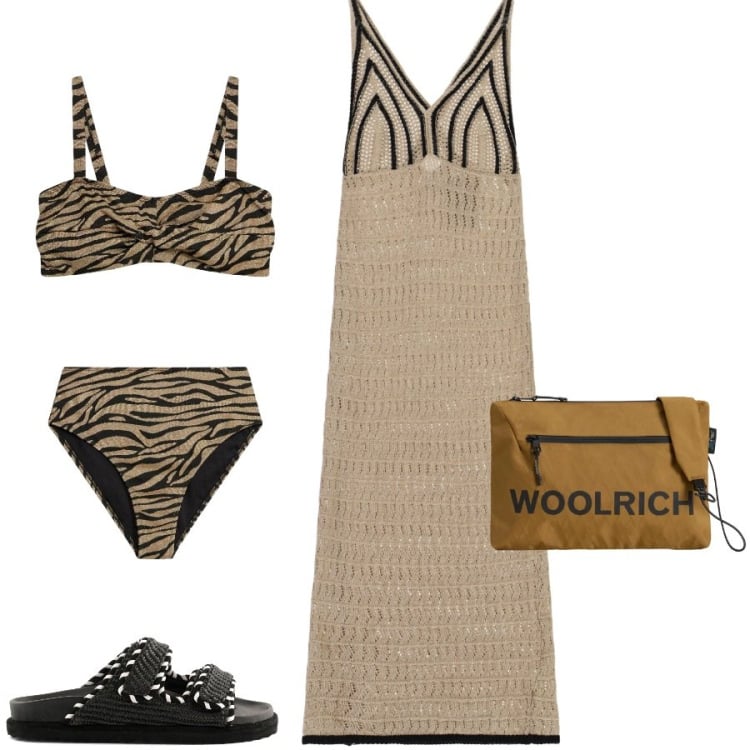 Outfit donna - Total look #2434763. Stile Etnico per Mare. Abbinamento con bikini, vestiti midi/longuette, borse a tracolla, sandali.