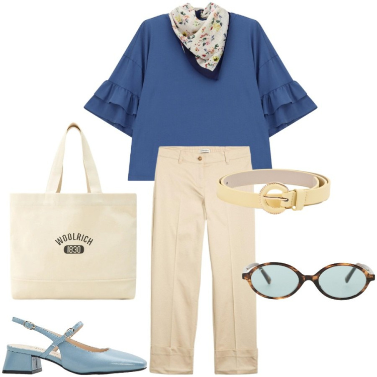 Outfit donna - Luglio in città. Stile Casual chic per Tutti i giorni. Abbinamento con décolleté, pantaloni chino, cinture, occhiali da sole, top, borse tote.