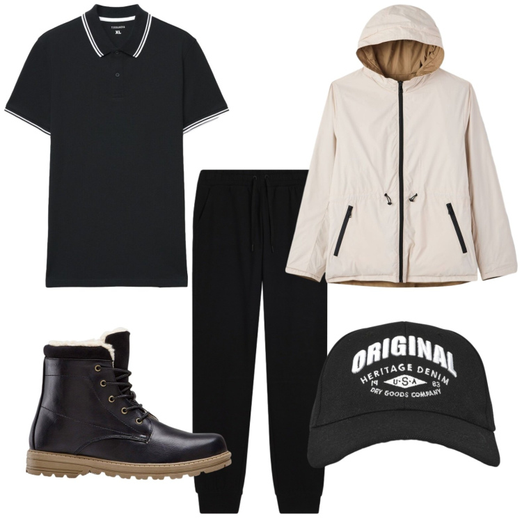 Outfit uomo - Escursione in montagna. Stile Trendy per Tutti i giorni. Abbinamento con stivali e stivaletti, cappelli con visiera, polo, giacche, pantaloni.