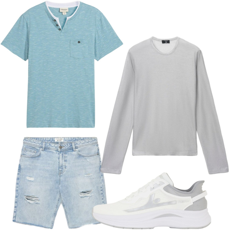 Outfit uomo - Stile dinamico. Stile Trendy per Tutti i giorni. Abbinamento con t-shirt, maglieria, shorts, sneakers.