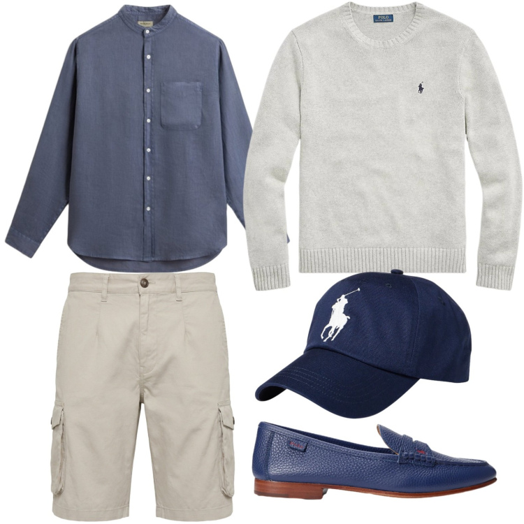 Outfit uomo - Eleganza estiva. Stile Trendy per Tutti i giorni. Abbinamento con bermuda, camicie, maglieria, cappelli con visiera, scarpe stringate.