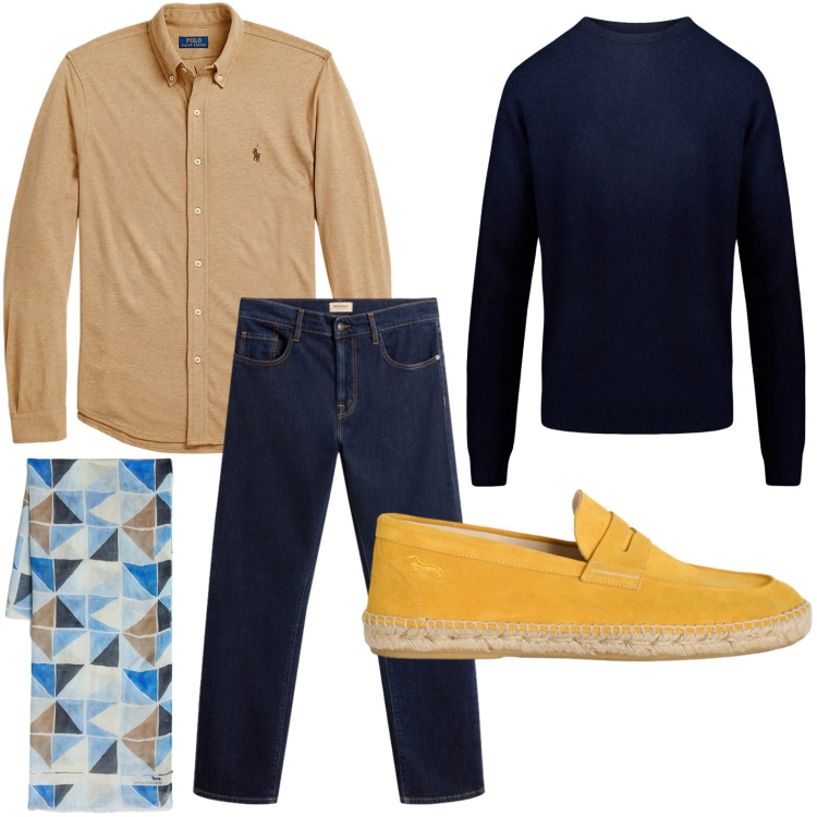 Outfit uomo - Motivi distintivi. Stile Casual per Tutti i giorni. Abbinamento con sciarpe, espadrillas, maglieria, pantaloni, camicie.
