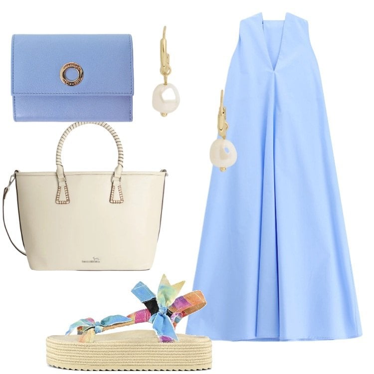 Outfit donna - Abiti fluidi d’estate - Donna Curvy. Stile Trendy per Tutti i giorni. Abbinamento con shopping bag, orecchini, vestiti midi/longuette, portafogli, sandali.