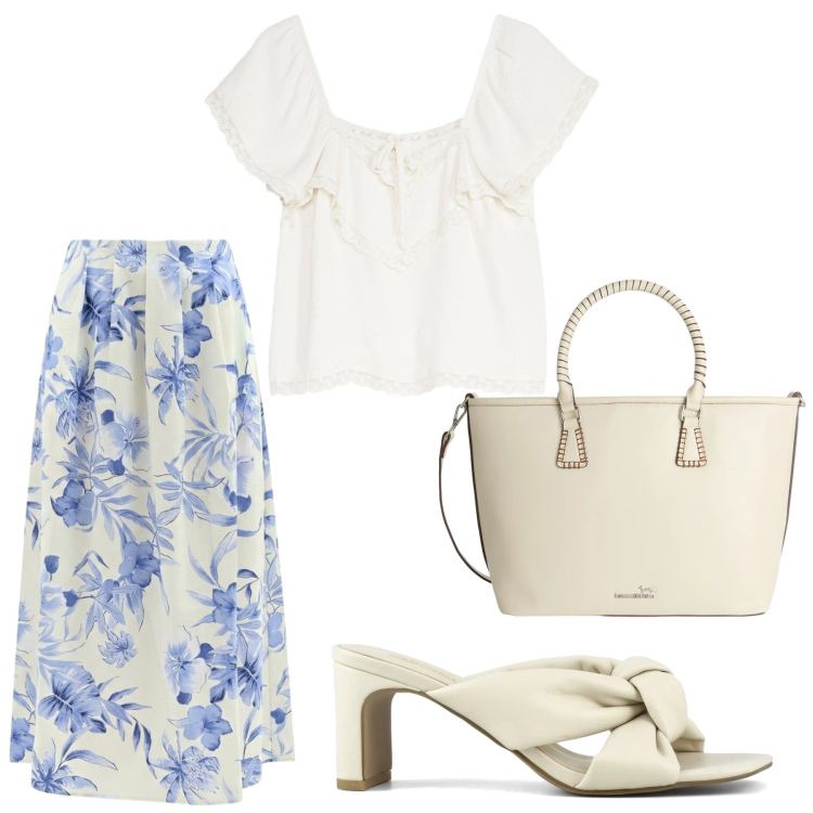 Outfit donna - Total look #2434773. Stile Romantica per Ufficio. Abbinamento con canottiere, shopping bag, gonne lunghe, sandali col tacco.
