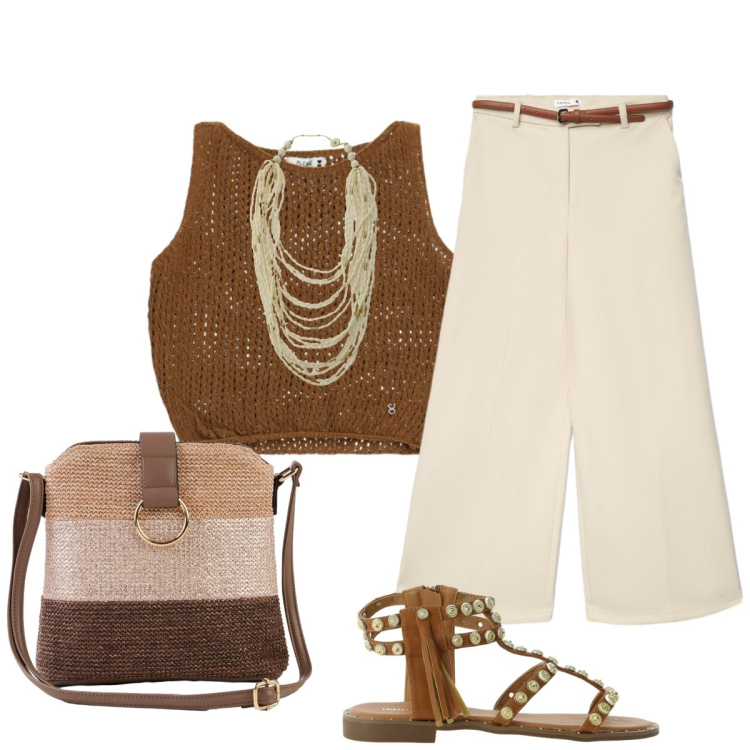 Outfit donna - Stile boho chic naturale. Stile Boho per Tutti i giorni. Abbinamento con borse a tracolla, pantaloni, top, collane, sandali.