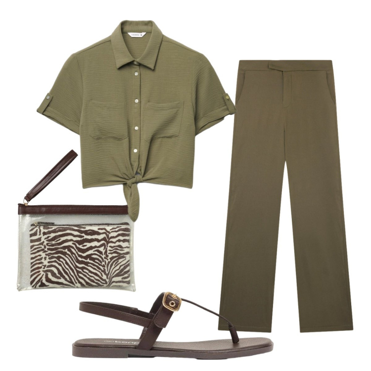 Outfit donna - Summer military style. Stile Military per Ufficio. Abbinamento con sandali, pantaloni, camicie a manica corta, pochette.
