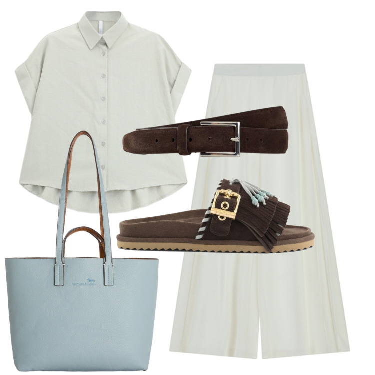 Outfit donna - Total look #2434802. Stile Minimal per Ufficio. Abbinamento con cinture, shopping bag, camicie a manica corta, pantaloni a palazzo, sandali in pelle.