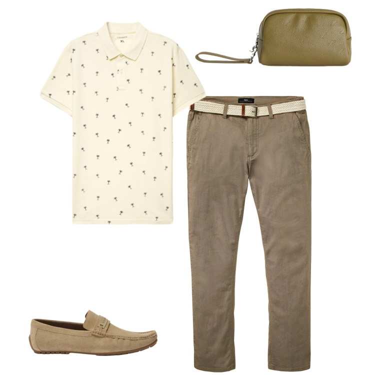 Outfit uomo - Aperitivo in riva al lago. Stile Casual per Mare. Abbinamento con pantaloni chino, borse sportive, scarpe stringate, polo.