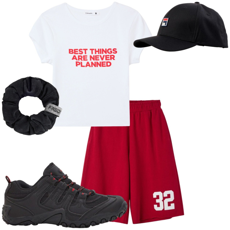 Outfit donna - Run!. Stile Basic per Sport. Abbinamento con scarpe sportive, cappelli con visiera, t-shirt, bermuda, accessori per capelli.