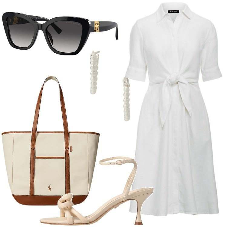 Outfit donna - Abiti fluidi d’estate Curvy Style. Stile Bon Ton per Ufficio. Abbinamento con sandali in pelle, vestiti chemisier, occhiali da sole, orecchini, borse tote.