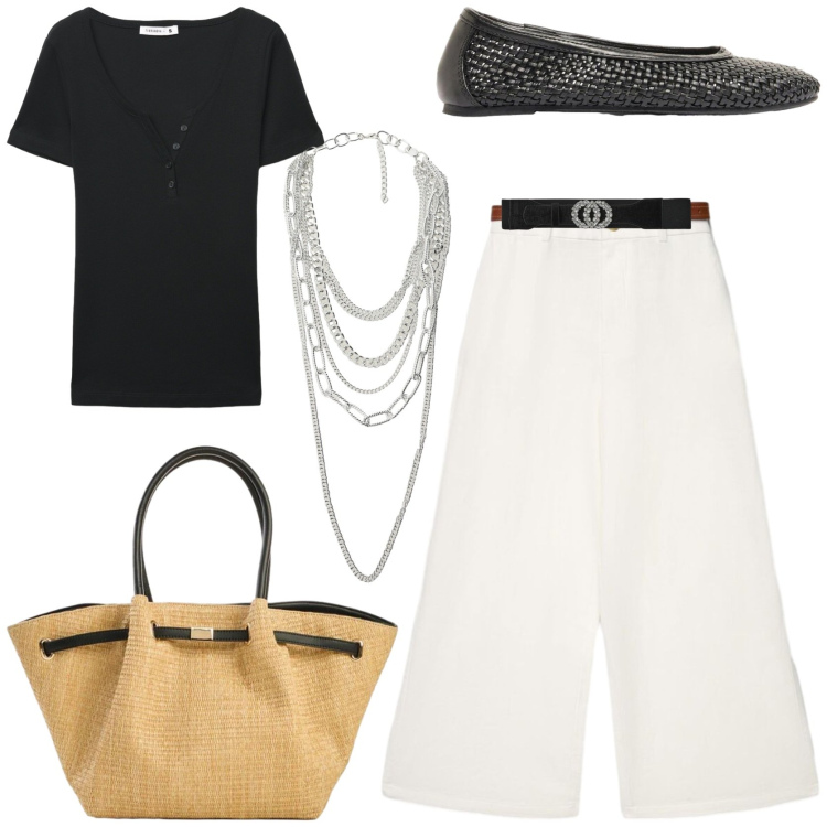 Outfit donna - Minimal chic in città. Stile Chic per Tutti i giorni. Abbinamento con ballerine, shopping bag, pantaloni a palazzo, t-shirt, cinture, collane.