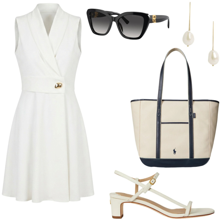 Outfit donna - Look riviera. Stile Chic per Tutti i giorni. Abbinamento con occhiali da sole, borse tote, sandali in pelle, orecchini, vestiti asimmetrici.