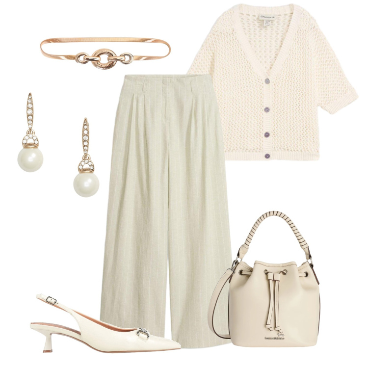 Outfit donna - Elegante in lino. Stile Glamour per Serata fuori. Abbinamento con décolleté, pantaloni, cardigans, borse a secchiello, orecchini, cinture.