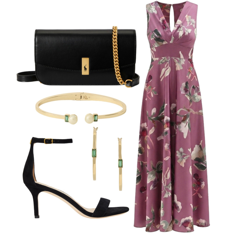 Outfit donna - Abito rosa antico. Stile Romantica per Cerimonia. Abbinamento con sandali in pelle, clutch, orecchini, braccialetti, vestiti lunghi.