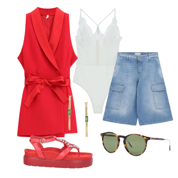 Outfit donna - Luglio. Stile Trendy per Tutti i giorni. Abbinamento con ciabatte, bermuda, gilet, top, occhiali da sole, orecchini.