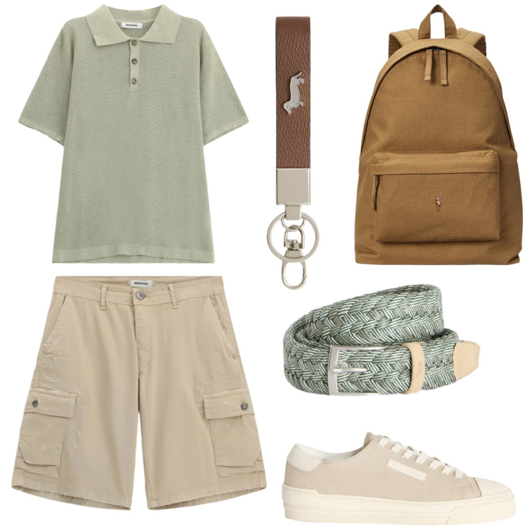 Outfit uomo - Fine settimana al mare. Stile Casual per Tutti i giorni. Abbinamento con portachiavi, sneakers, cinture, borse sportive, bermuda, polo.