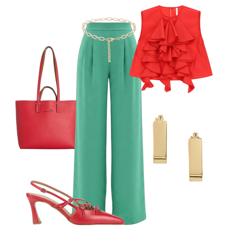 Outfit donna - Serata vitaminica. Stile Glamour per Serata fuori. Abbinamento con décolleté, shopping bag, orecchini, cinture, pantaloni a palazzo, top.