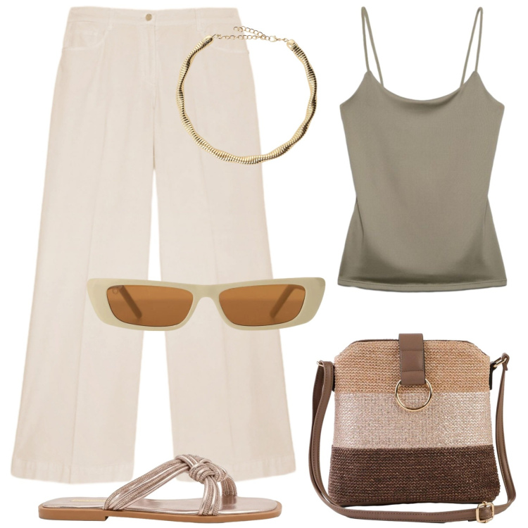 Outfit donna - Aperitivo al tramonto. Stile Romantica per Tutti i giorni. Abbinamento con borse a tracolla, canottiere, sandali, occhiali da sole, collane, pantaloni a palazzo.
