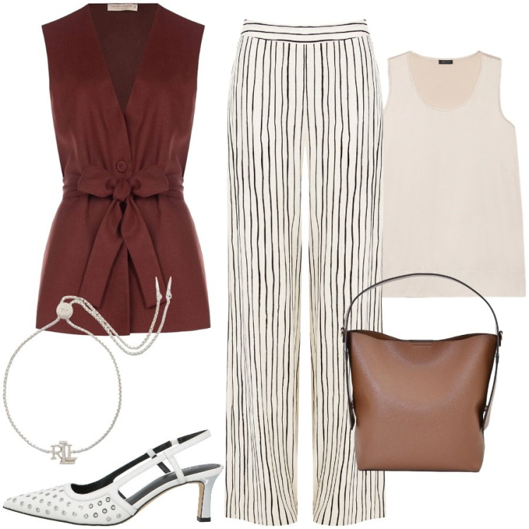 Outfit donna - Raffinata in ufficio e fuori. Stile Chic per Ufficio. Abbinamento con décolleté, gilet, pantaloni a palazzo, borse a mano, canottiere, braccialetti.