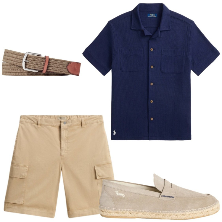 Outfit uomo - Camicia in lino e dettagli in corda. Stile Trendy per Tutti i giorni. Abbinamento con espadrillas, pantaloni corti, cinture, camicie.